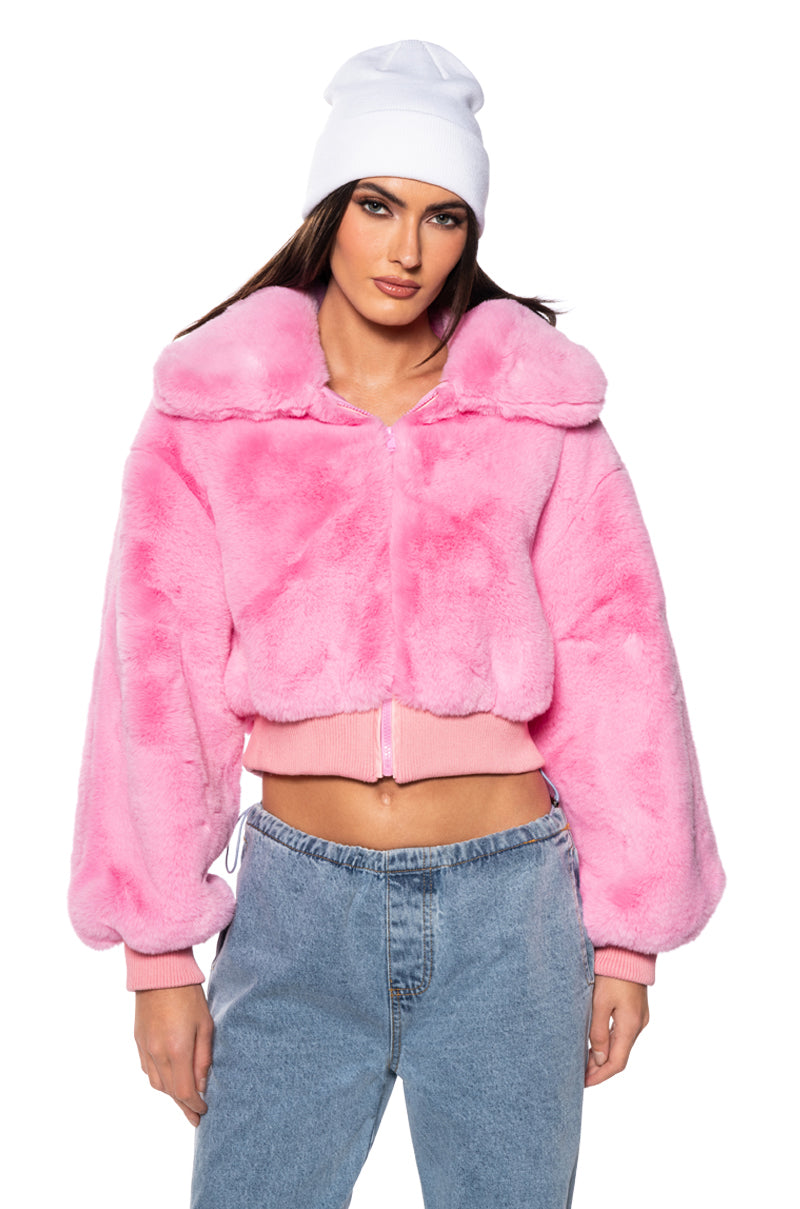 DREW FAUX FUR BOMBER WITH RIB TRIM