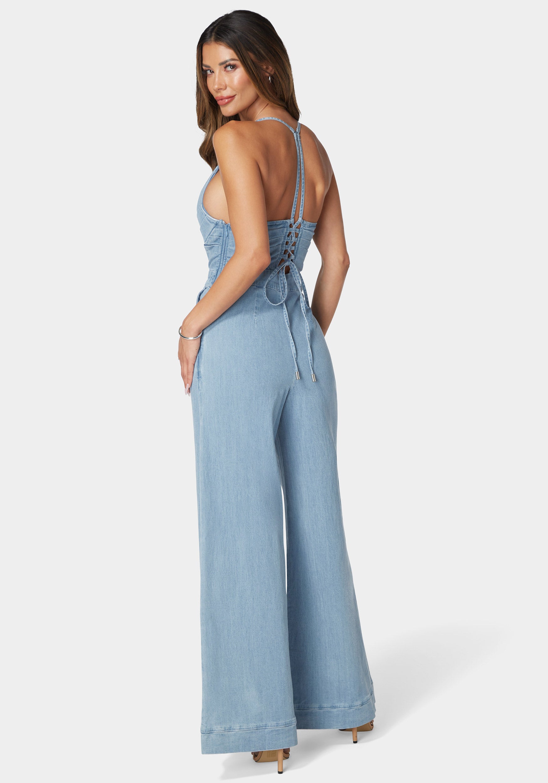 Plunging Vneck Full Wide Leg Denim Jumpsuit