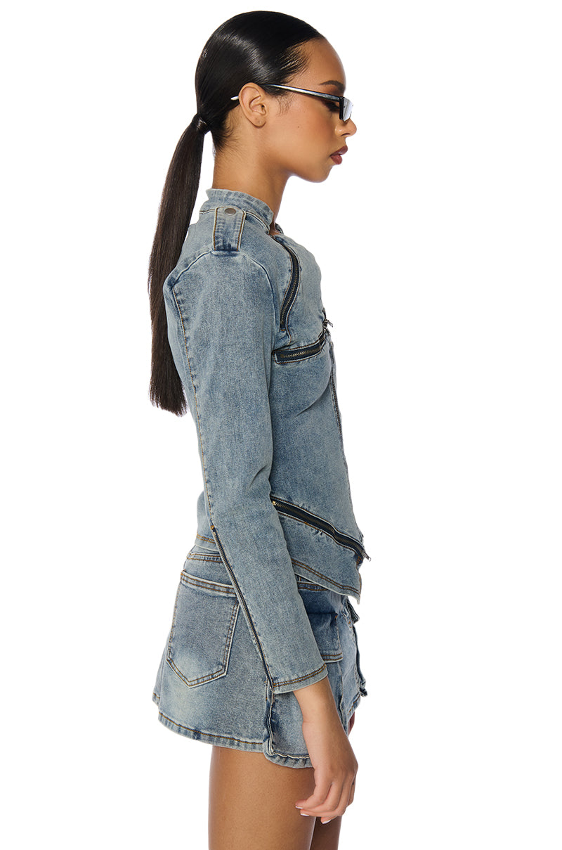 OLD SCHOOL LOVE CARGO ZIP UP DENIM TOP