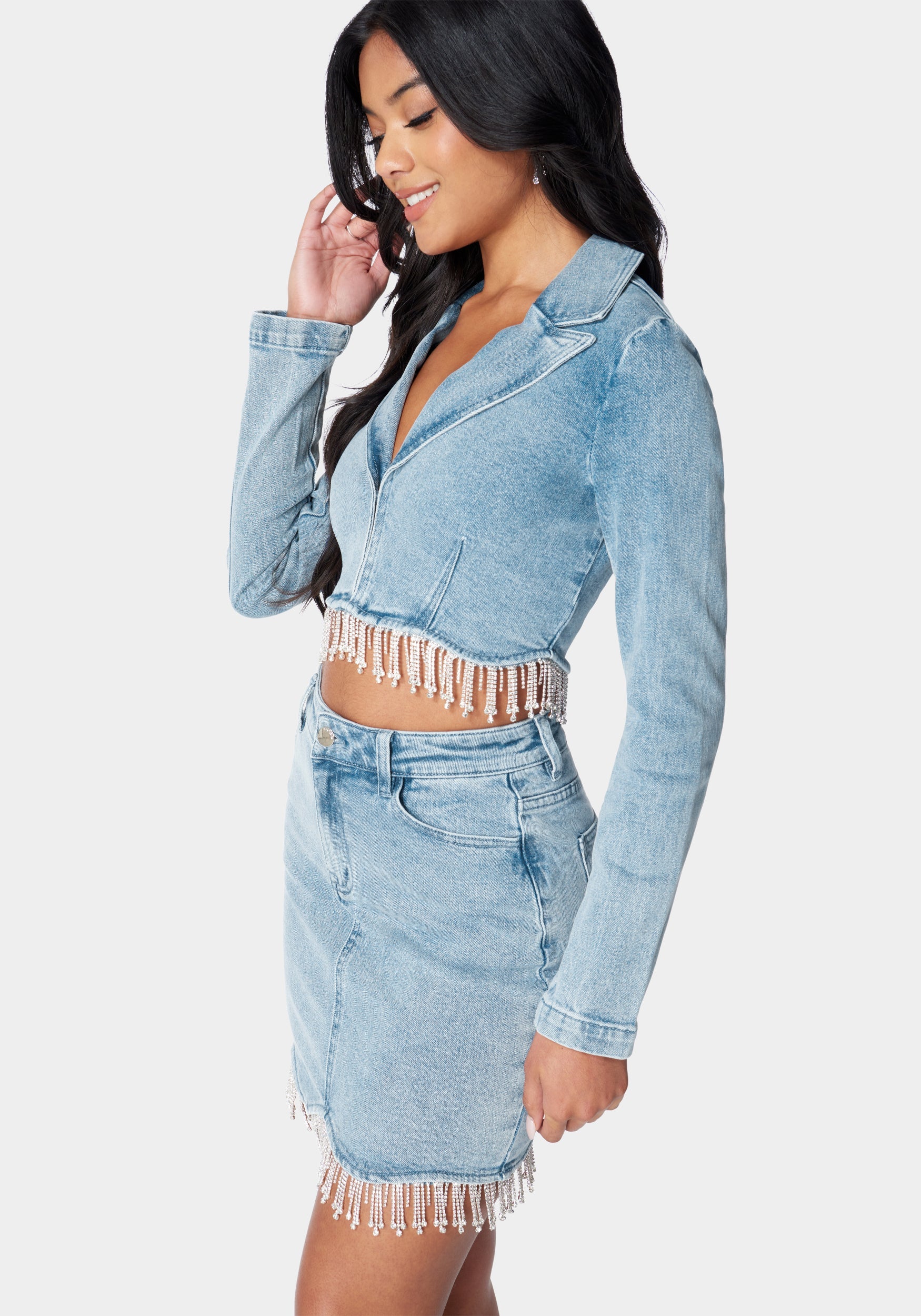 Rhinestone Hem Tailored Denim Jacket