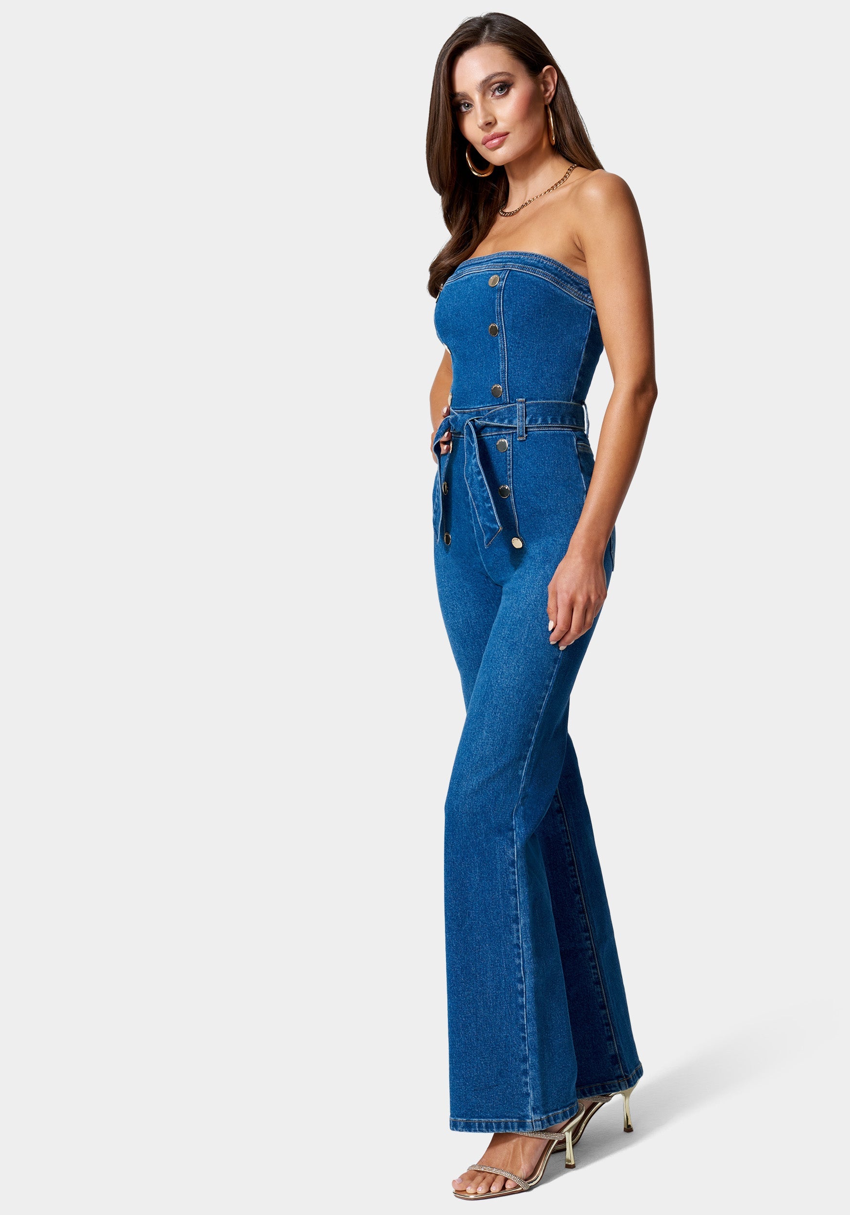 Strapless Button Detail Belted Wide Leg Denim Jumpsuit