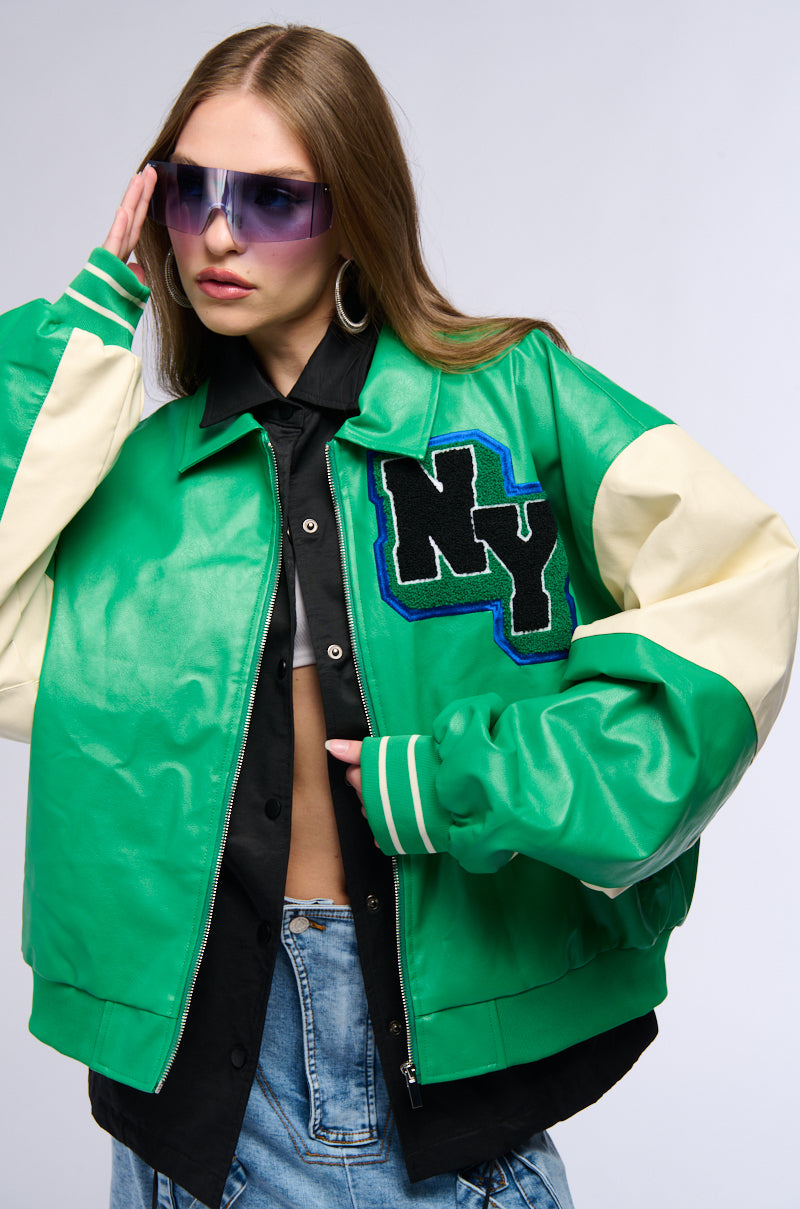 NUEVA YORK VARSITY PATCH FAUX LEATHER BOMBER JACKET