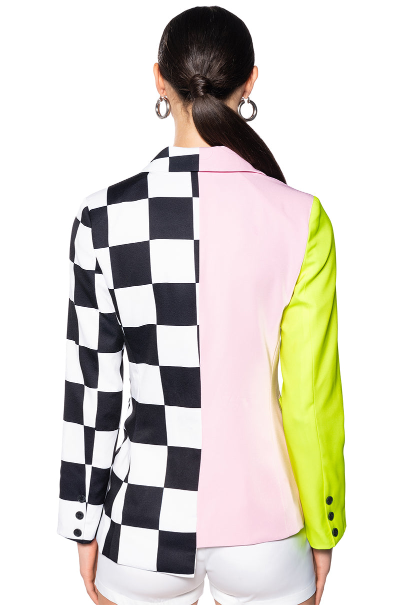 MET READY COLOR BLOCK BLAZER WITH CHECKERS