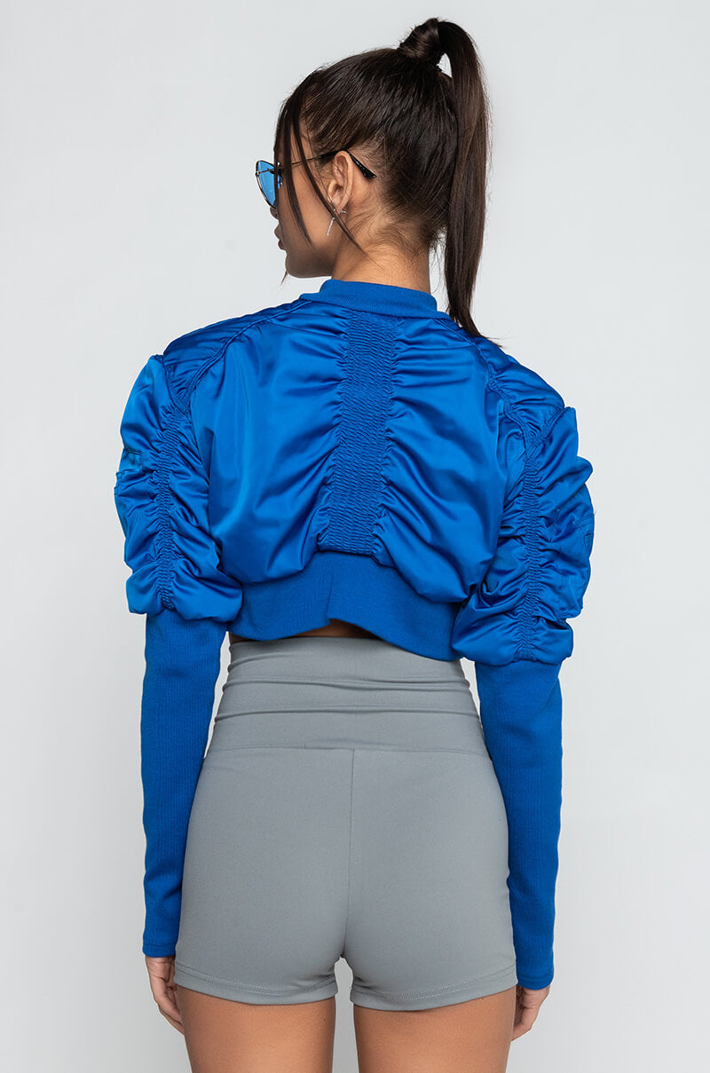 BABBS SKINNY ARM BOMBER JACKET IN BLACK BLUE