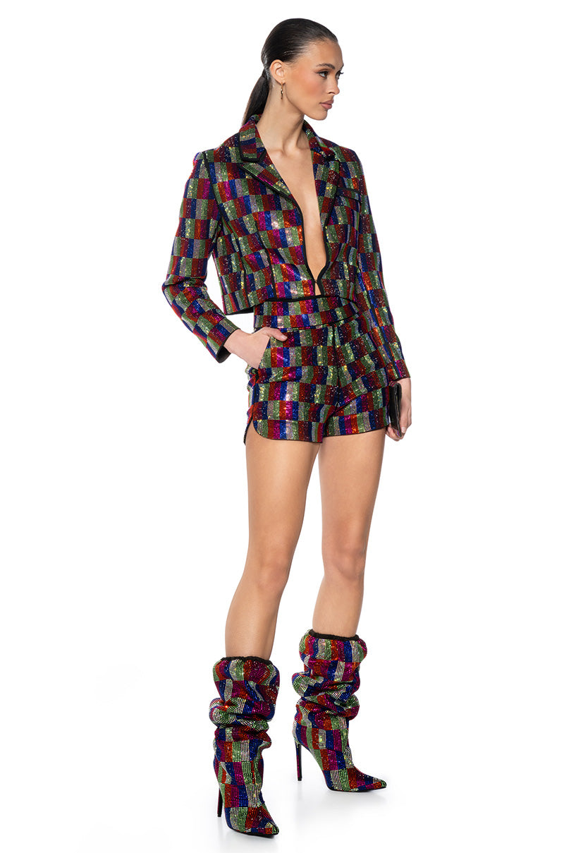 POP STAR RECTANGLE PRINT RHINESTONE CROP BLAZER