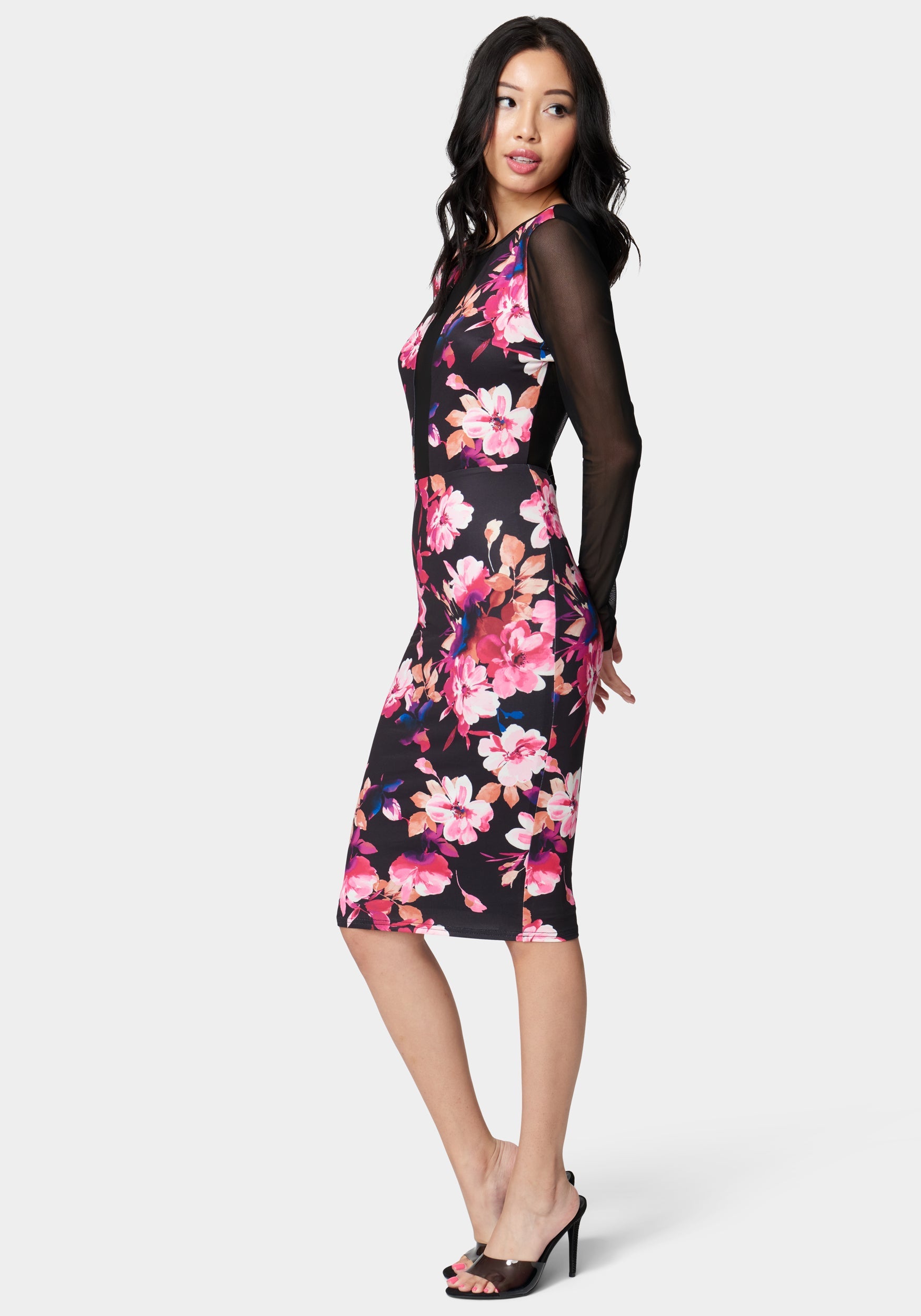 Printed Mesh Inset Midi Dress