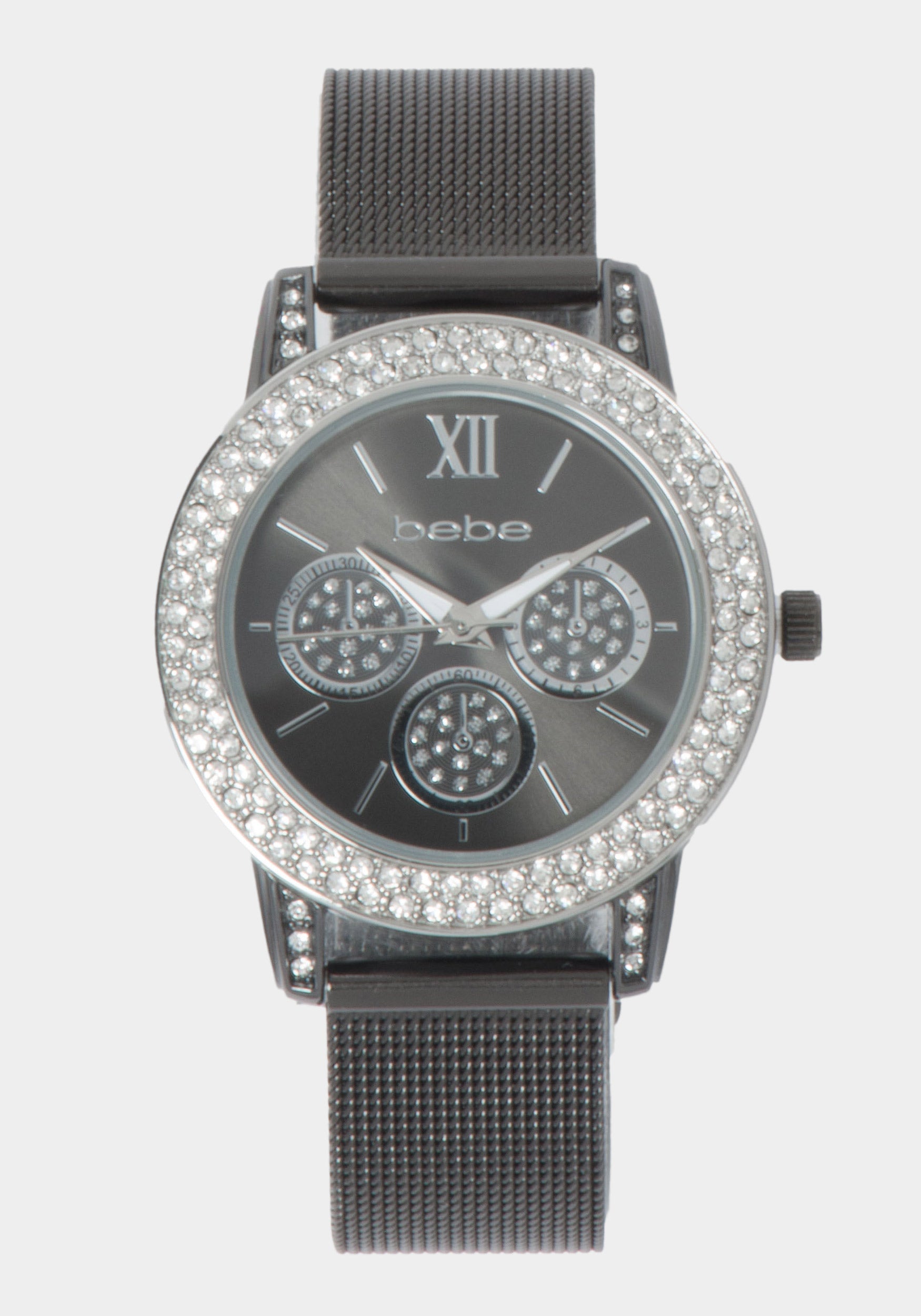 Glossy Gun Metal Dial Crystal Bezel Watch