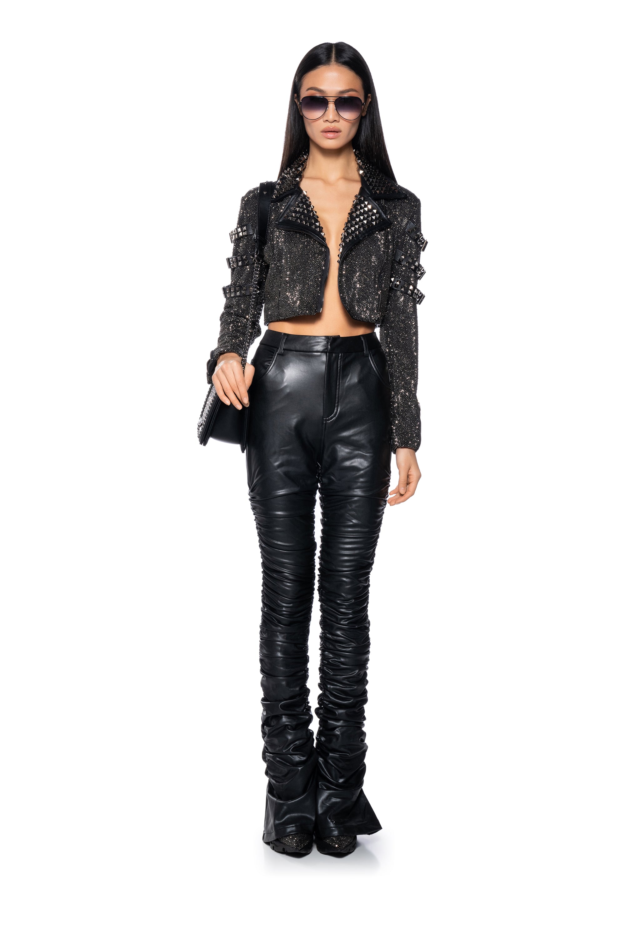 NEFELI LUXE RHINESTONE STUD MOTO JACKET