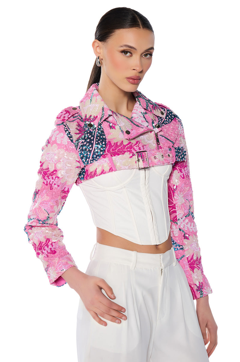 ULTRA CROP MOTO WITH FLORAL SEQUINS