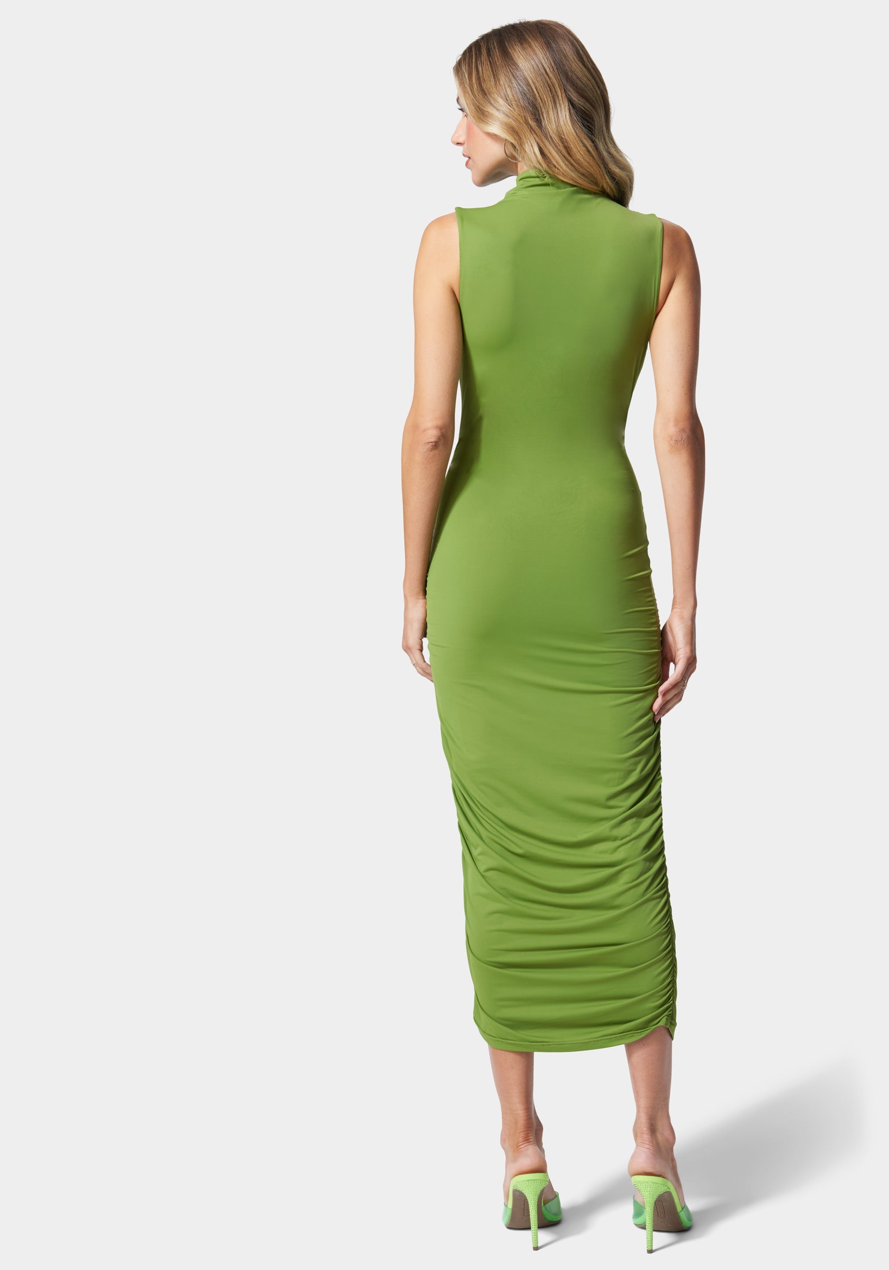 Mock Neck Shirred Midi Dress