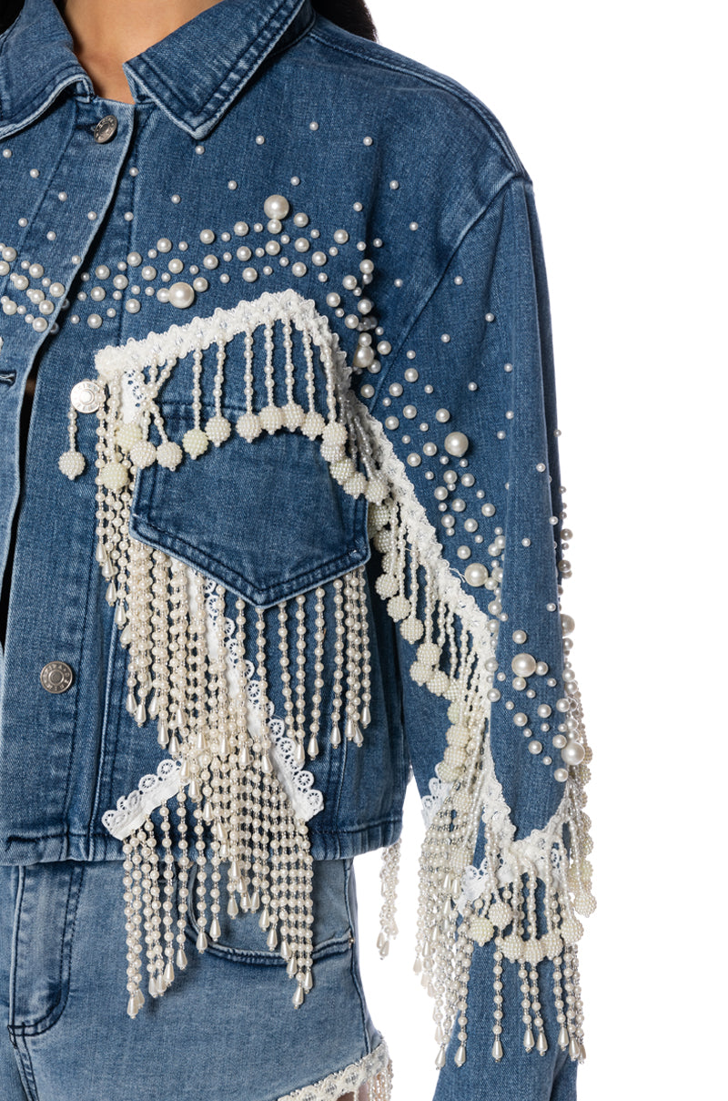 THE WORLD IS YOUR OYSTER PEARL TRIM DENIM JACKET