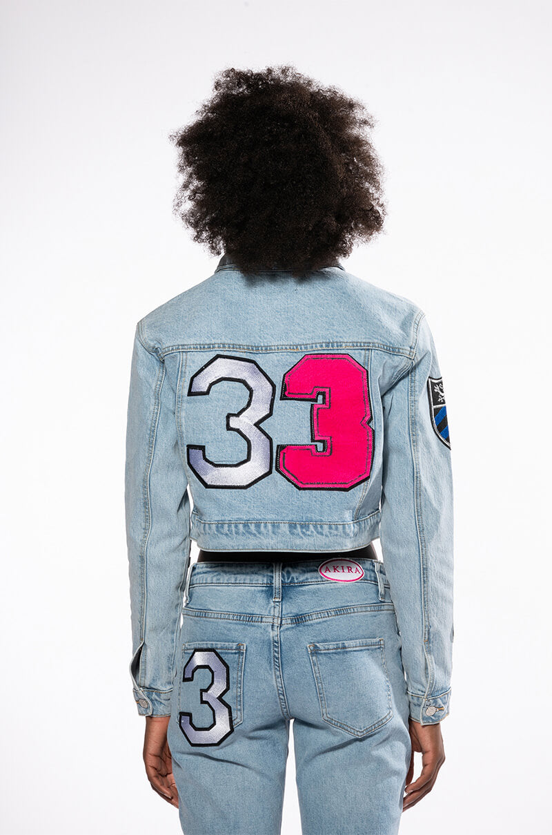 COLLEGIATE OUT OF YOUR LEAGUE PATCHED DENIM JACKET