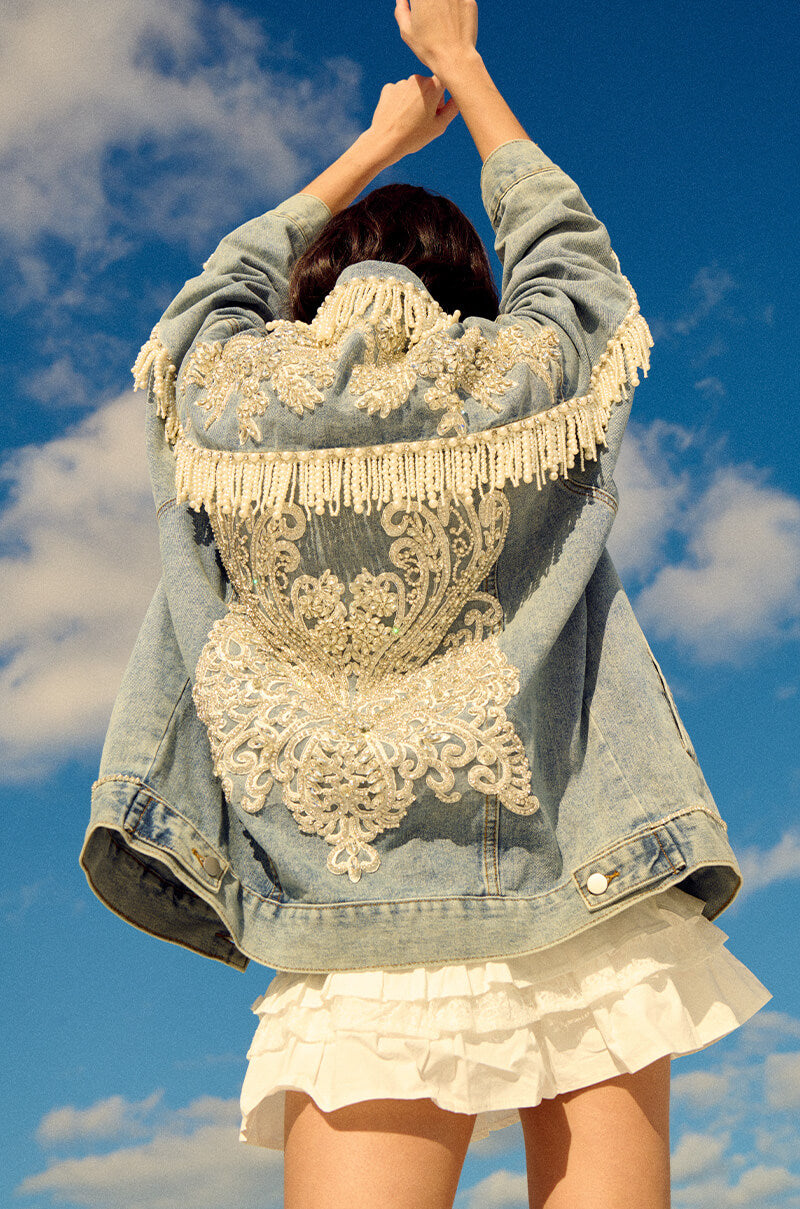 SHOW STOPPER PEARL EMBELLISHED DENIM JACKET