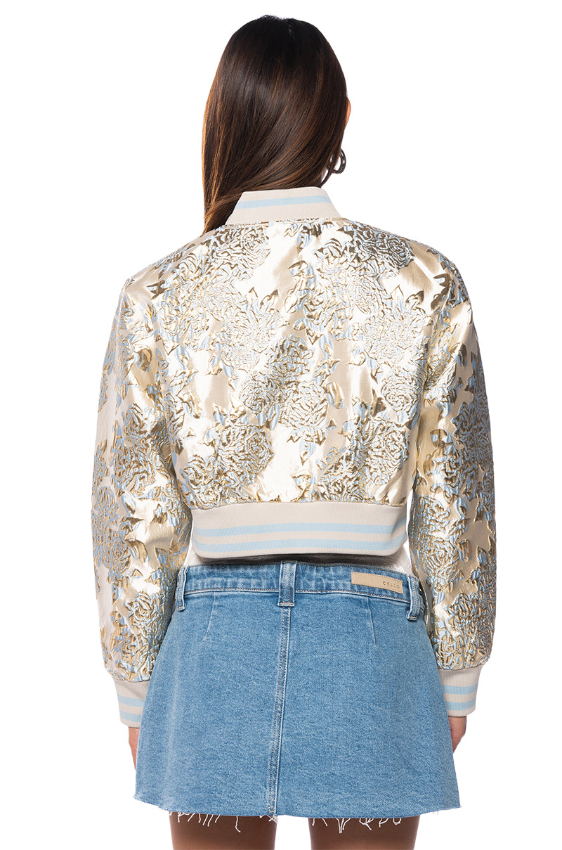 BROCADE TAPESTRY VARSITY BOMBER IN BLUE MULTI