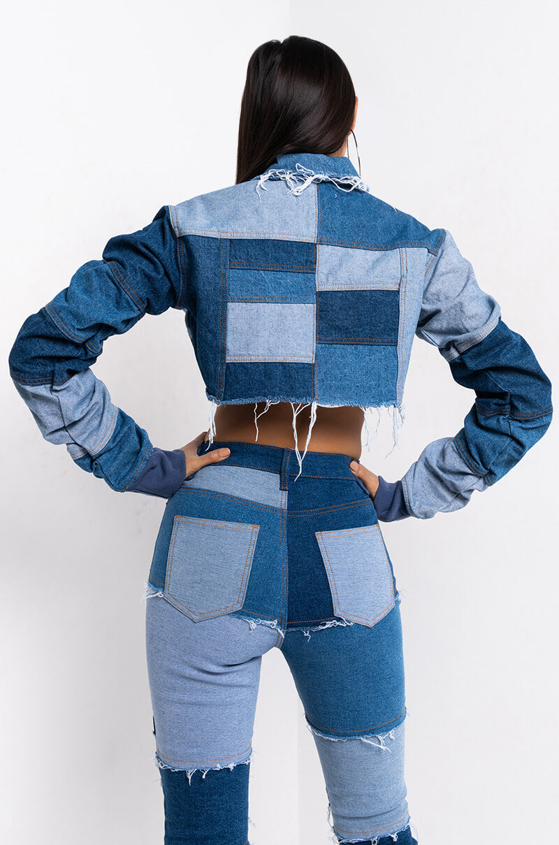 STACKED PATCH WORK CROP DENIM JACKET