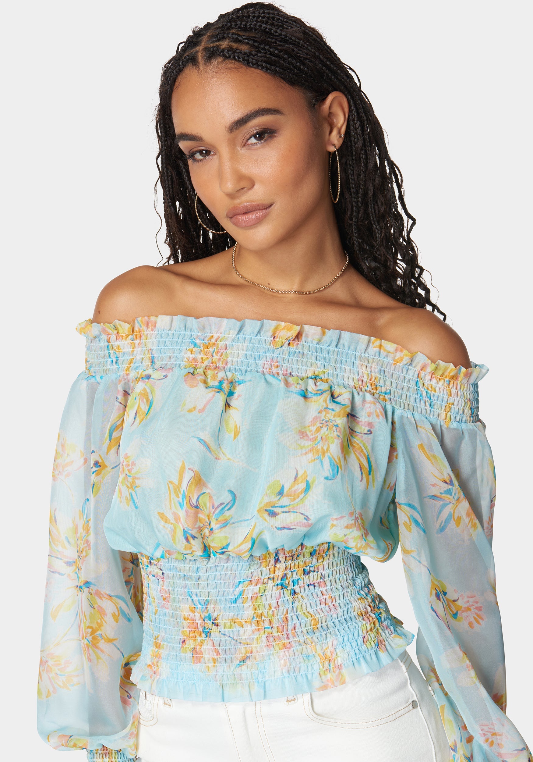 Off Shoulder Smocked Chiffon Blouse