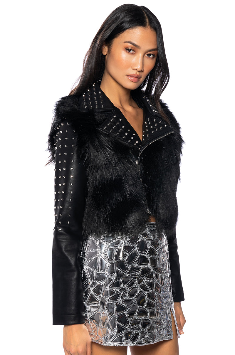 EMMS STUDDED FAUX FUR JACKET