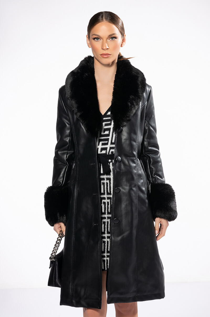 AZALEA WANG MARBOLO PU TRENCH WITH FAUX FUR TRIM