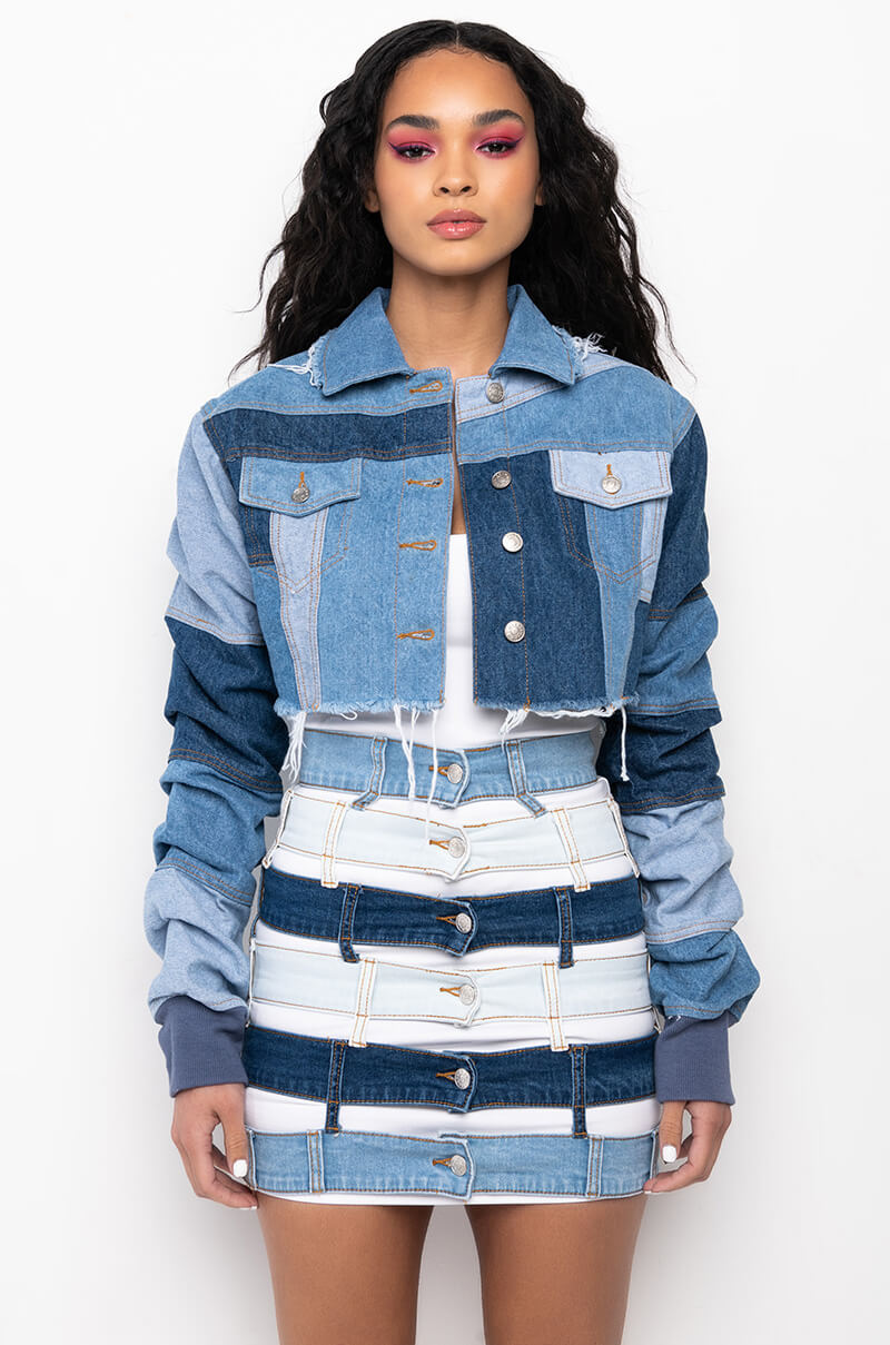 STACKED PATCH WORK CROP DENIM JACKET