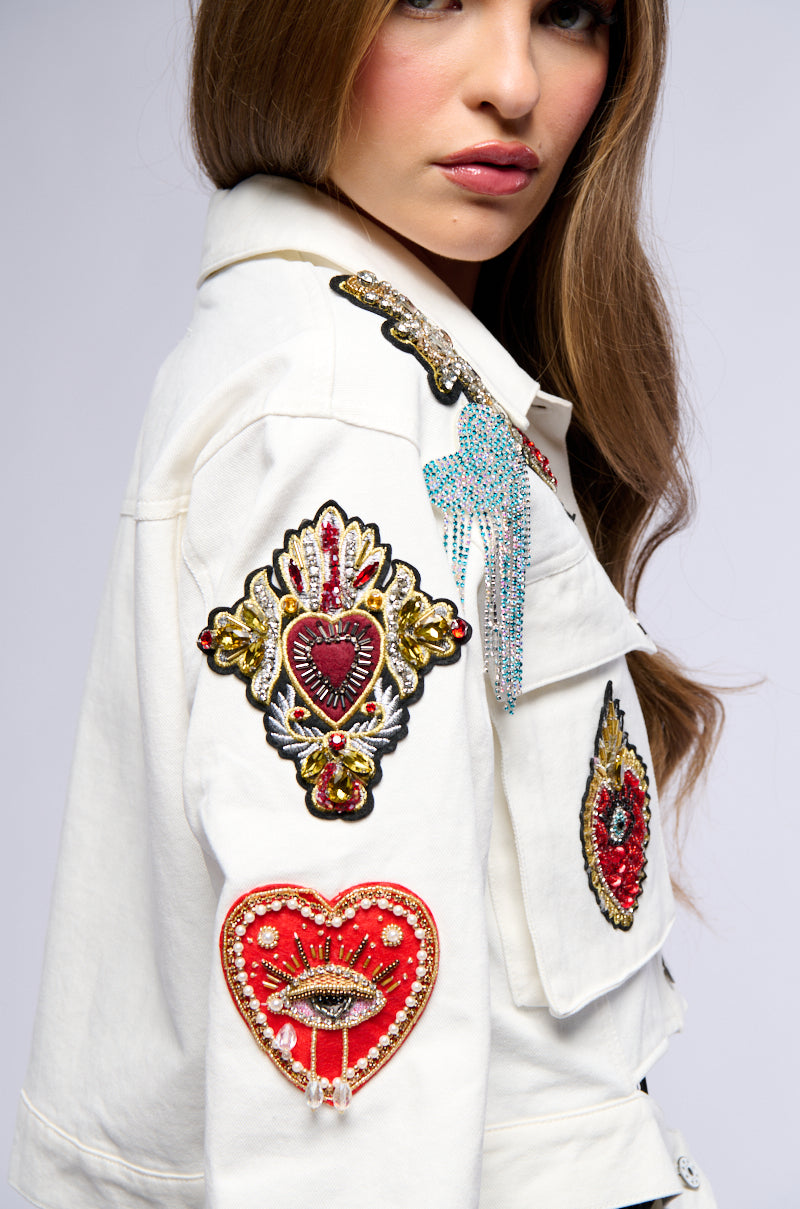 COUNT YOUR BLESSINGS CROP DENIM JACKET WITH PATCHES