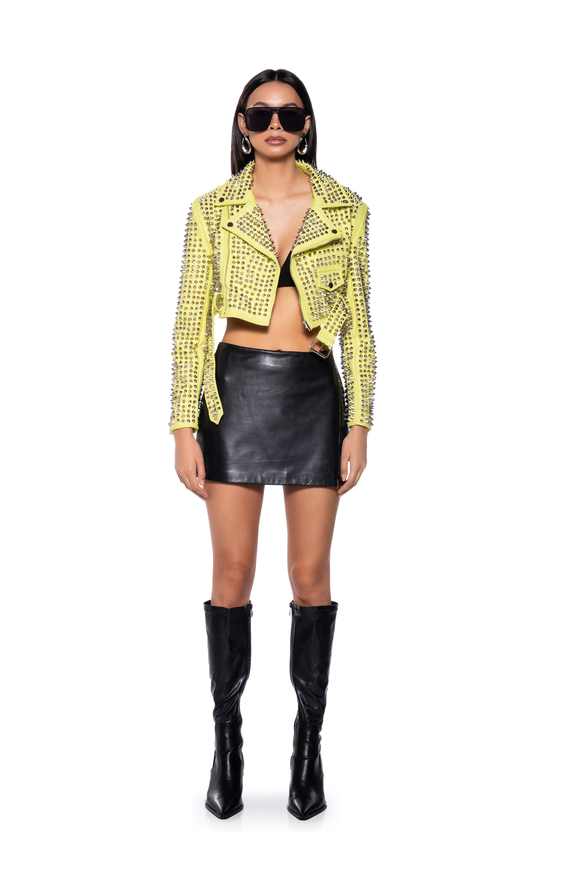 GAZETTE SULPHUR EDITION CROP MOTO JACKET WITH 3000 STUDS