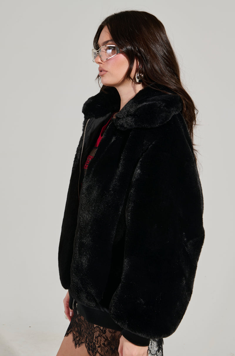 DREW STREET LONG FAUX FUR ZIP UP JACKET IN BLACK