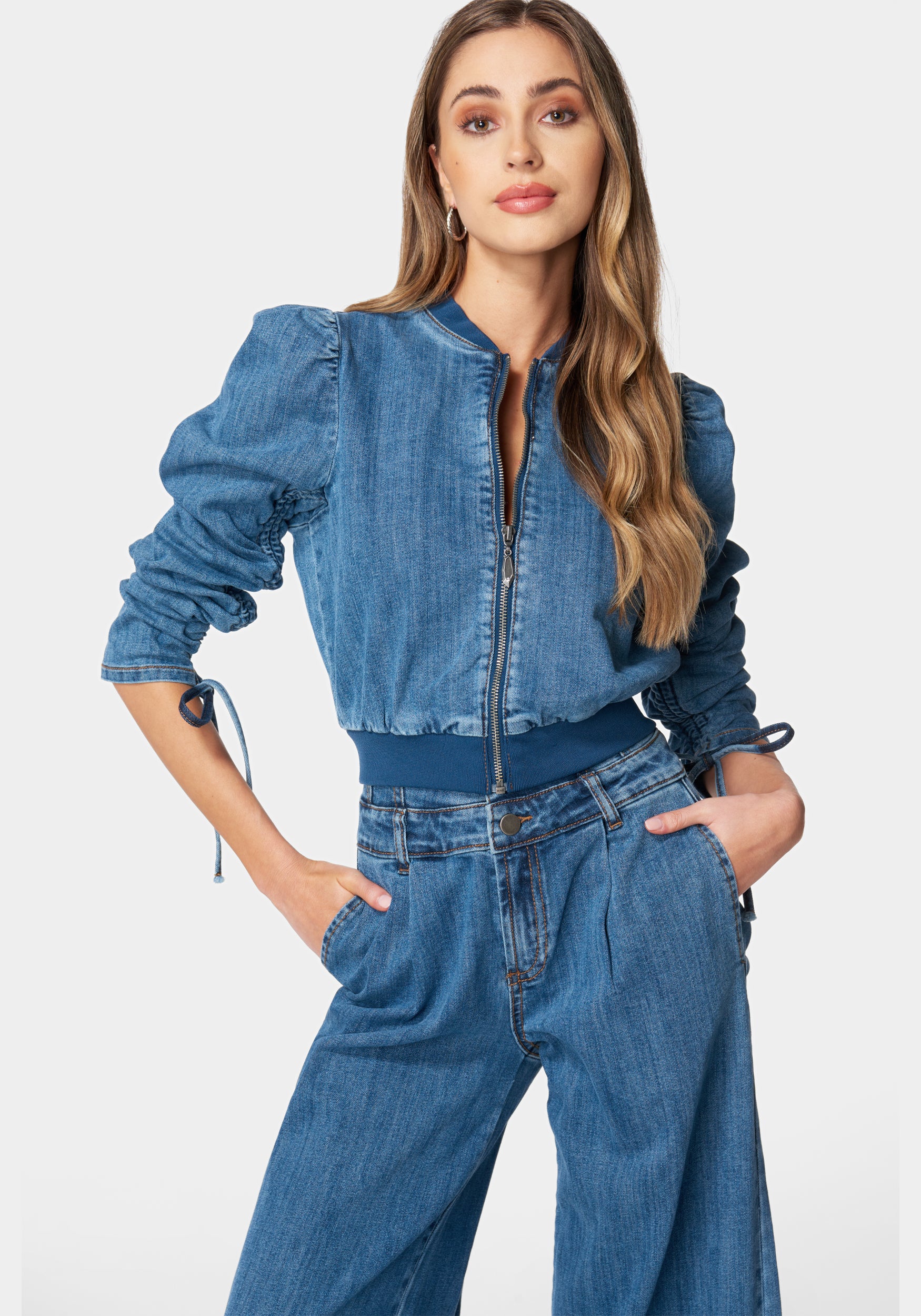 Zip Front Ruched Sleeves Denim Jacket