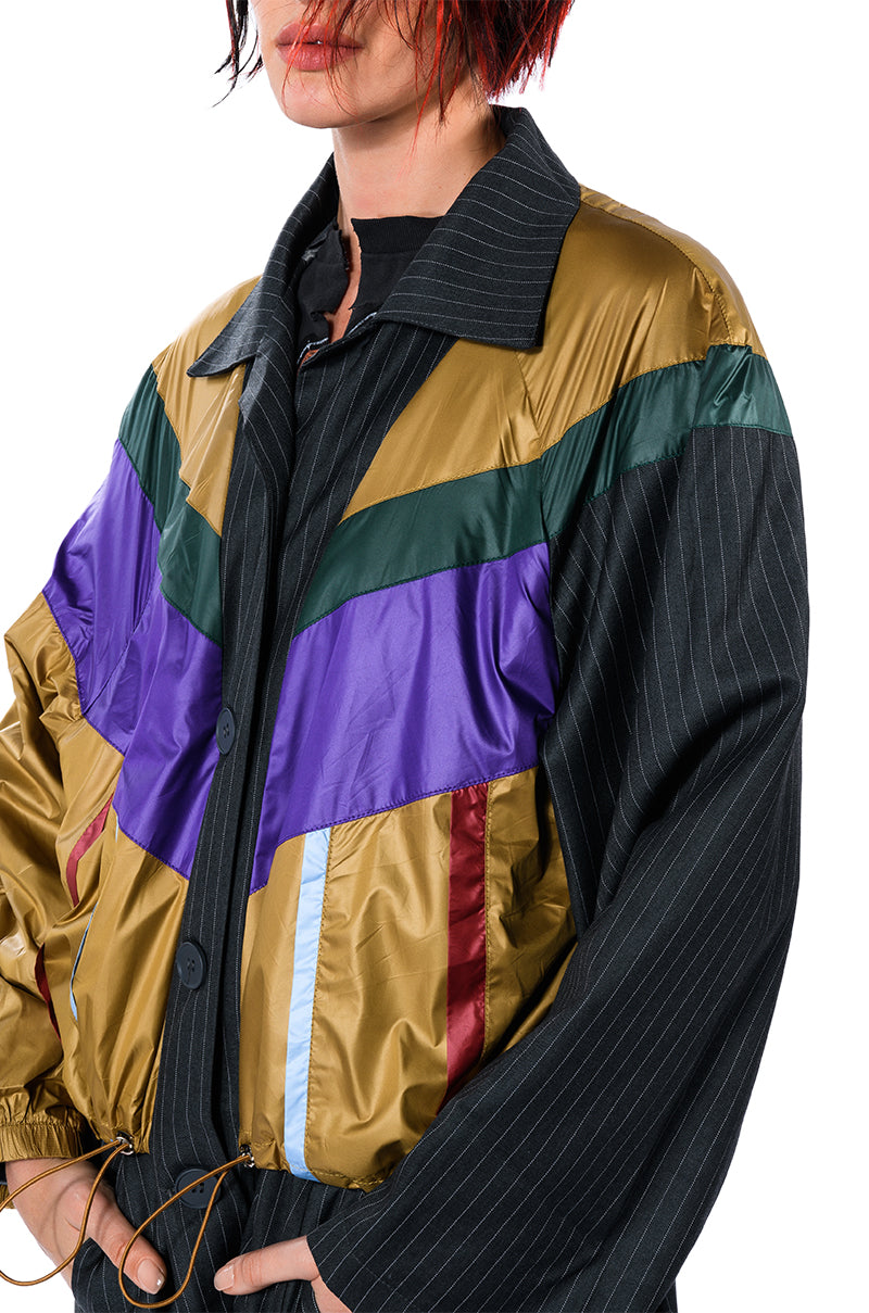 SHE A TRACK STAR NYLON BOMBER X PIN STRIPE TRENCH