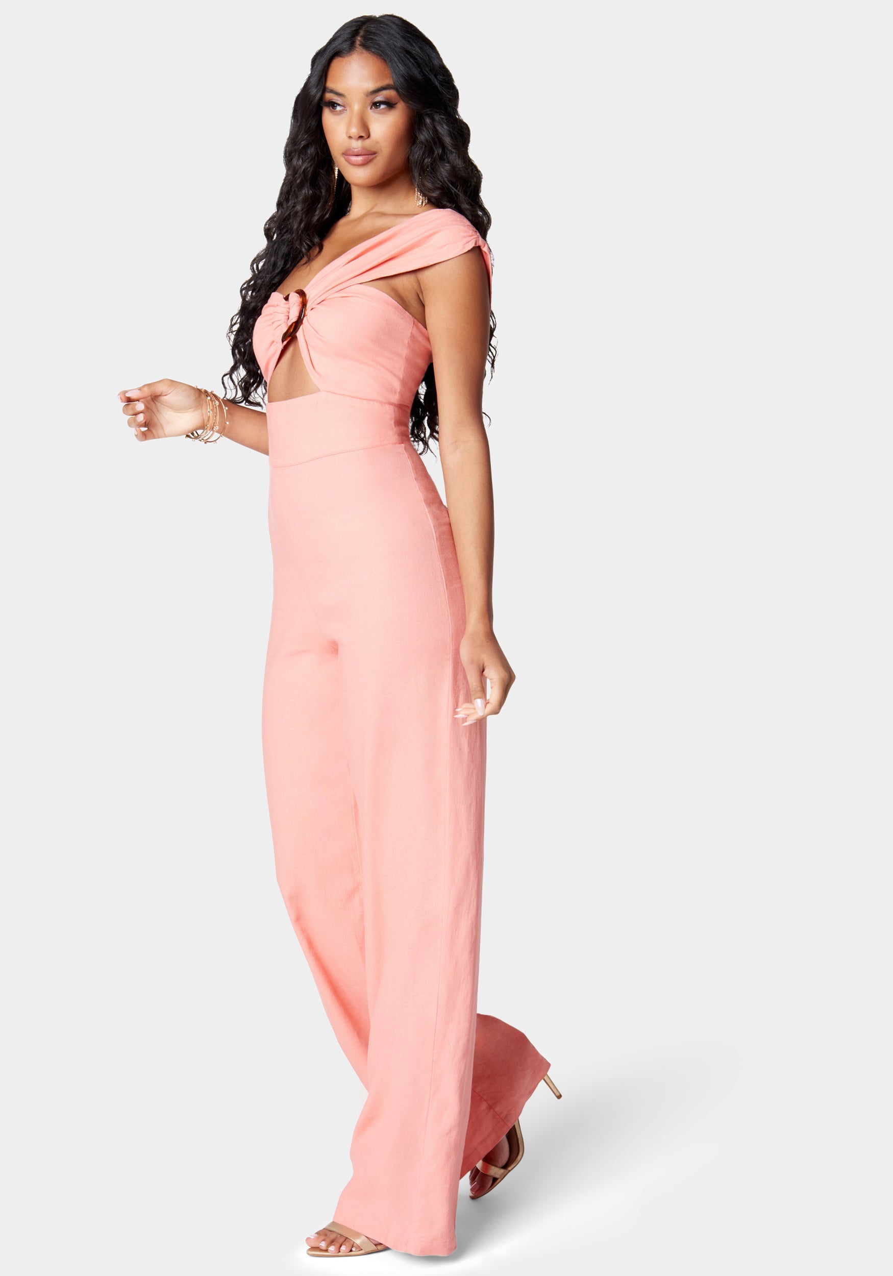 Stretch Linen Asymmetric Draped Wide Leg Jumpsuit