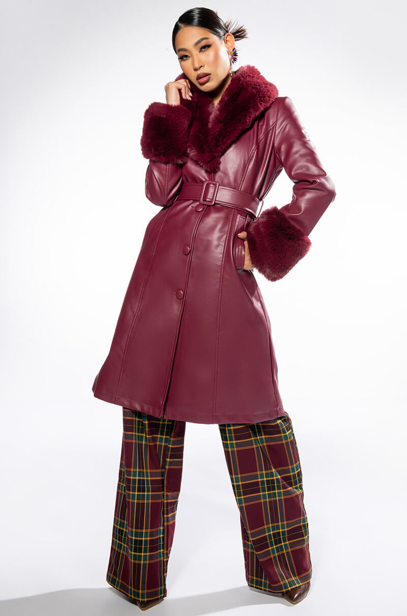 AZALEA WANG MARBOLO PU TRENCH WITH FAUX FUR TRIM