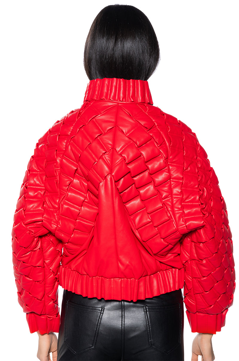 BIRTHDAY COLLECTION PU WEAVE PUFFER BOMBER IN RED