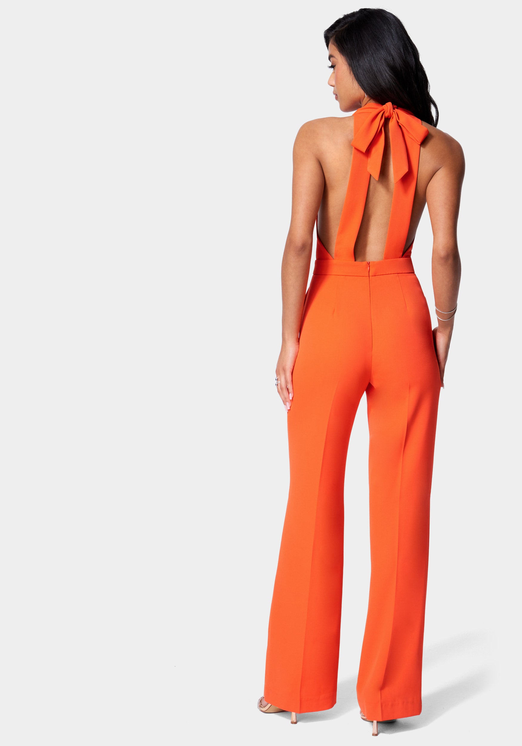 Satin Twill Halter Tie Back Wide Leg Jumpsuit