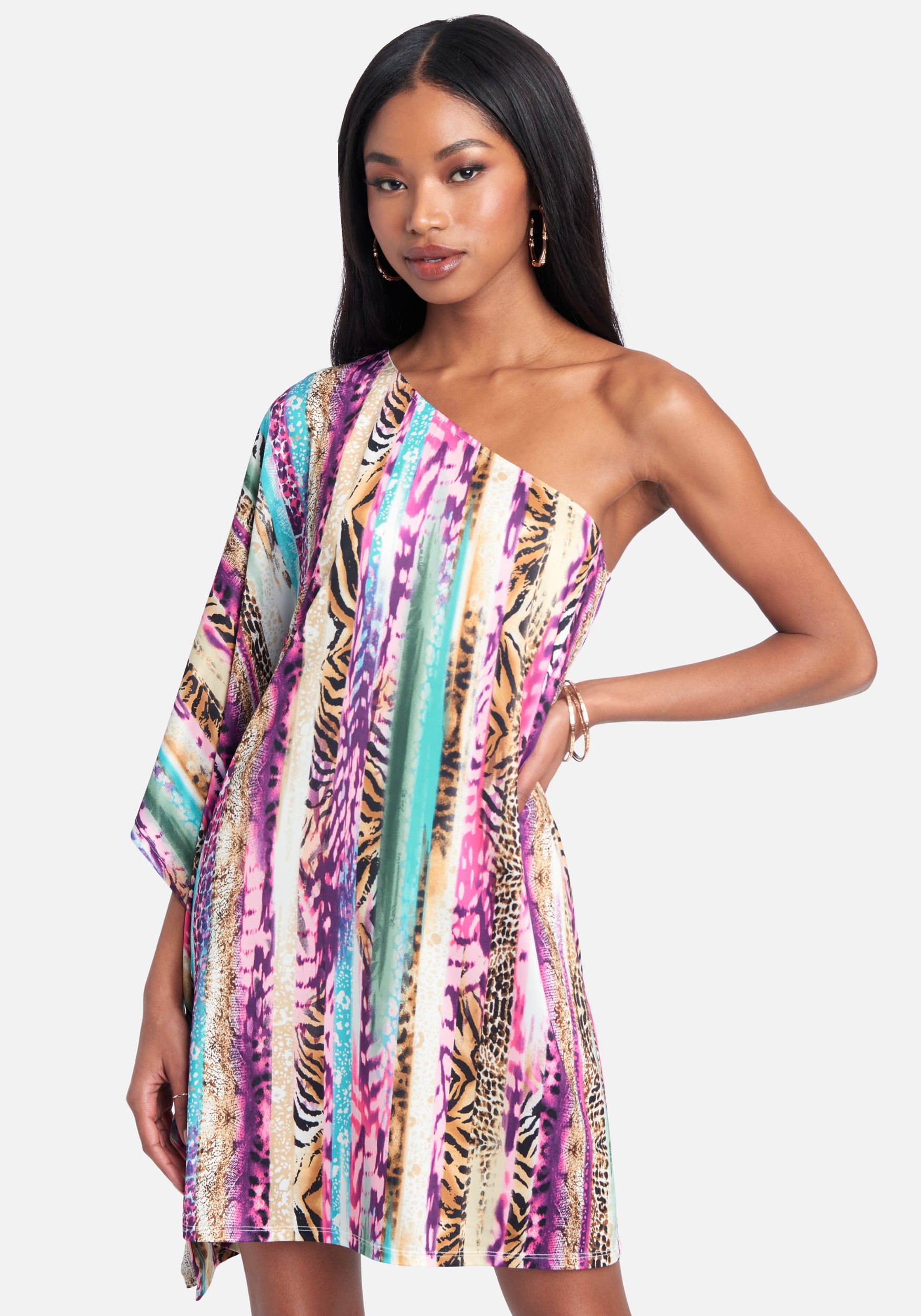 One Shoulder Printed Flowy Dress