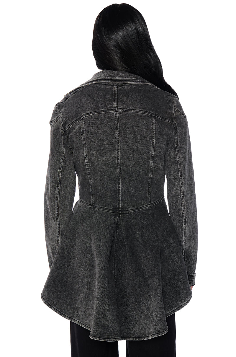 ABOUT THAT TIME DENIM PEPLUM MOTO JACKET