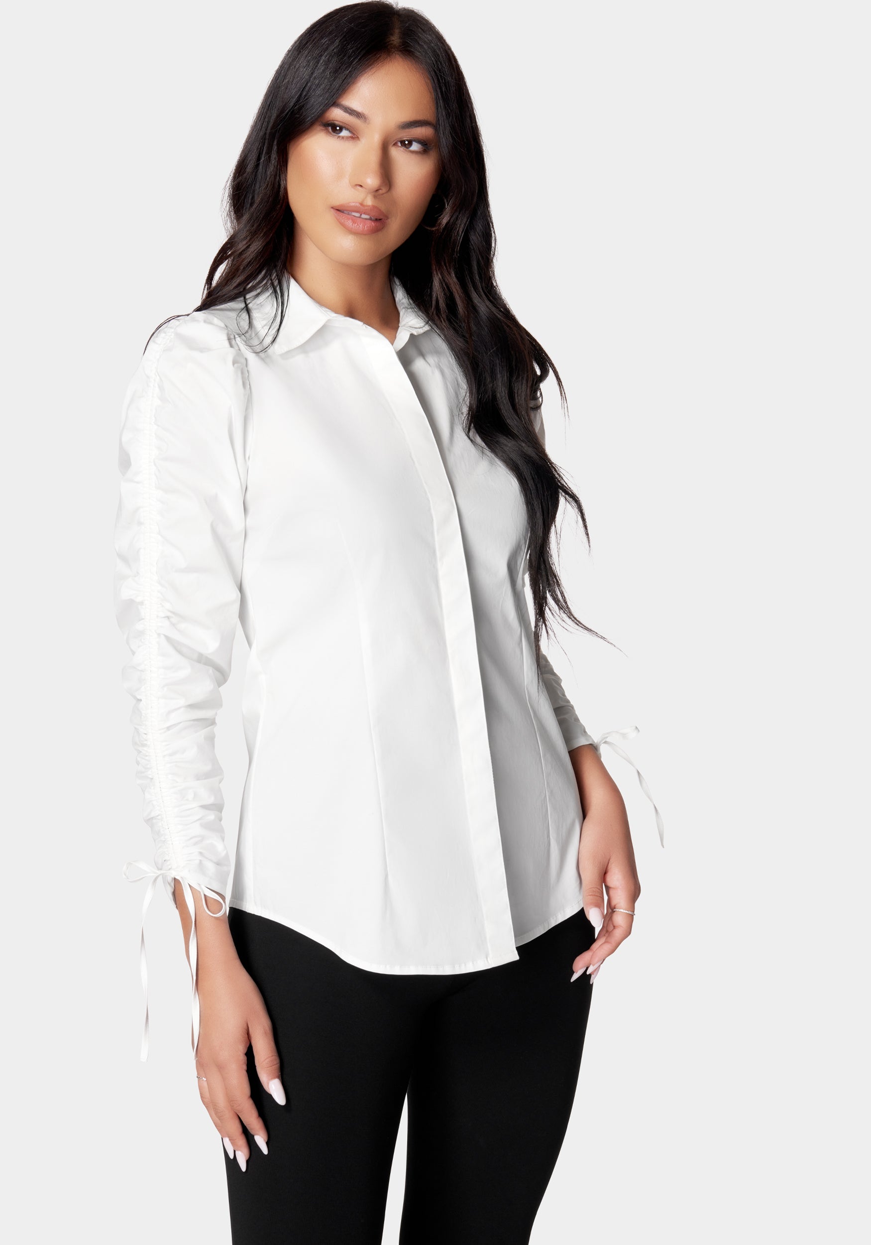 Ruched Sleeve Poplin Shirt