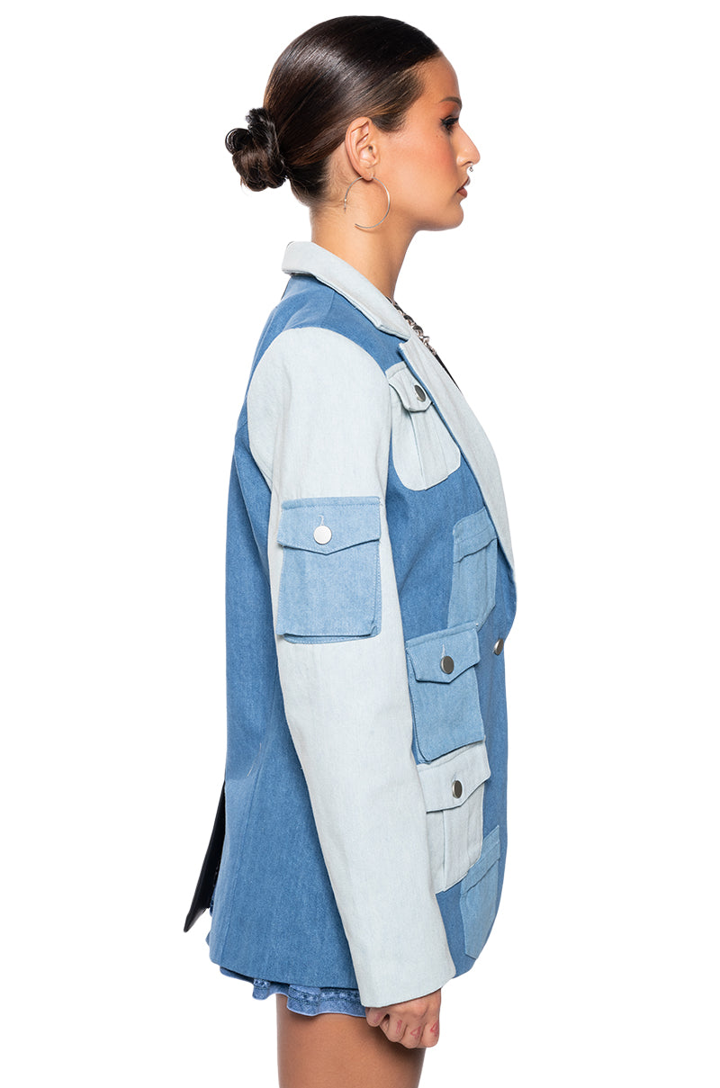 DO WHAT YOU DO HALF DENIM HALF PU BLAZER