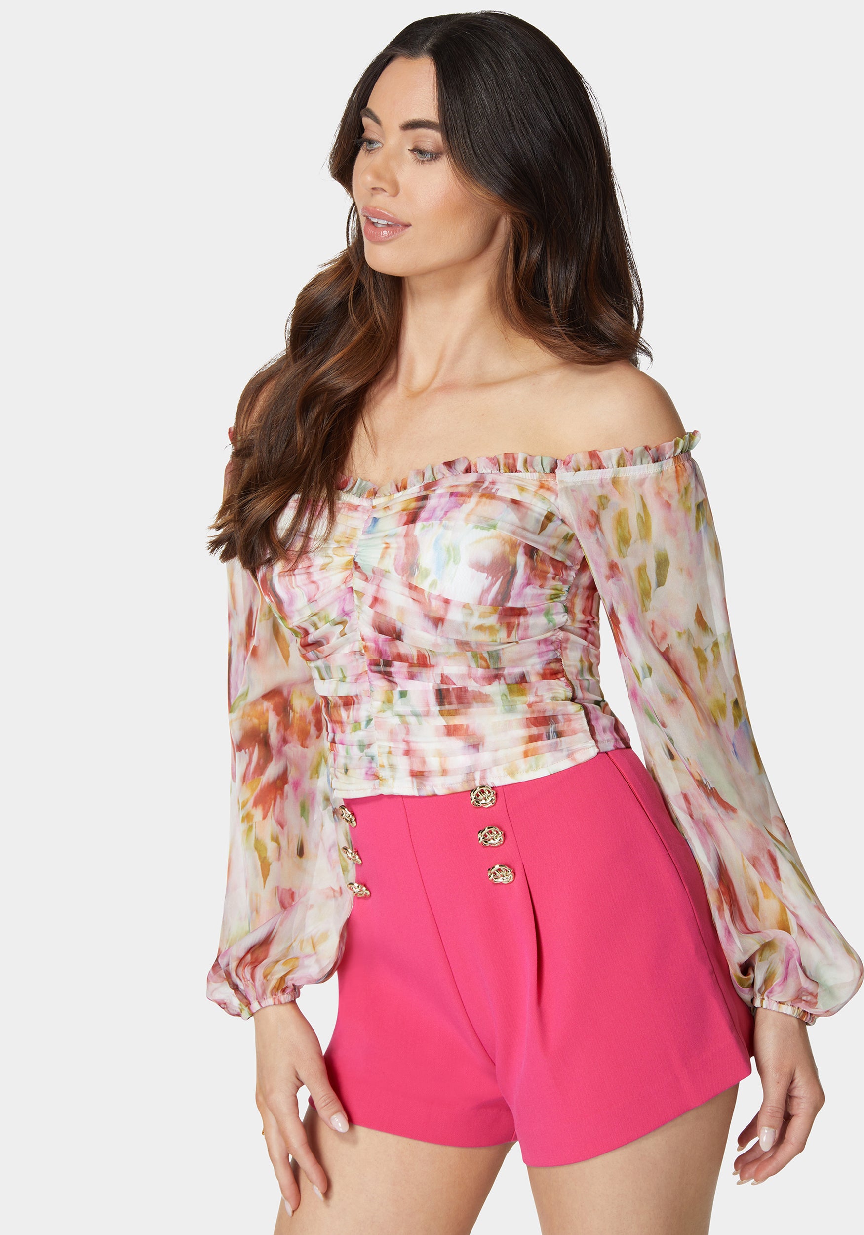 Printed Chiffon Cold Shoulder Ruched Top