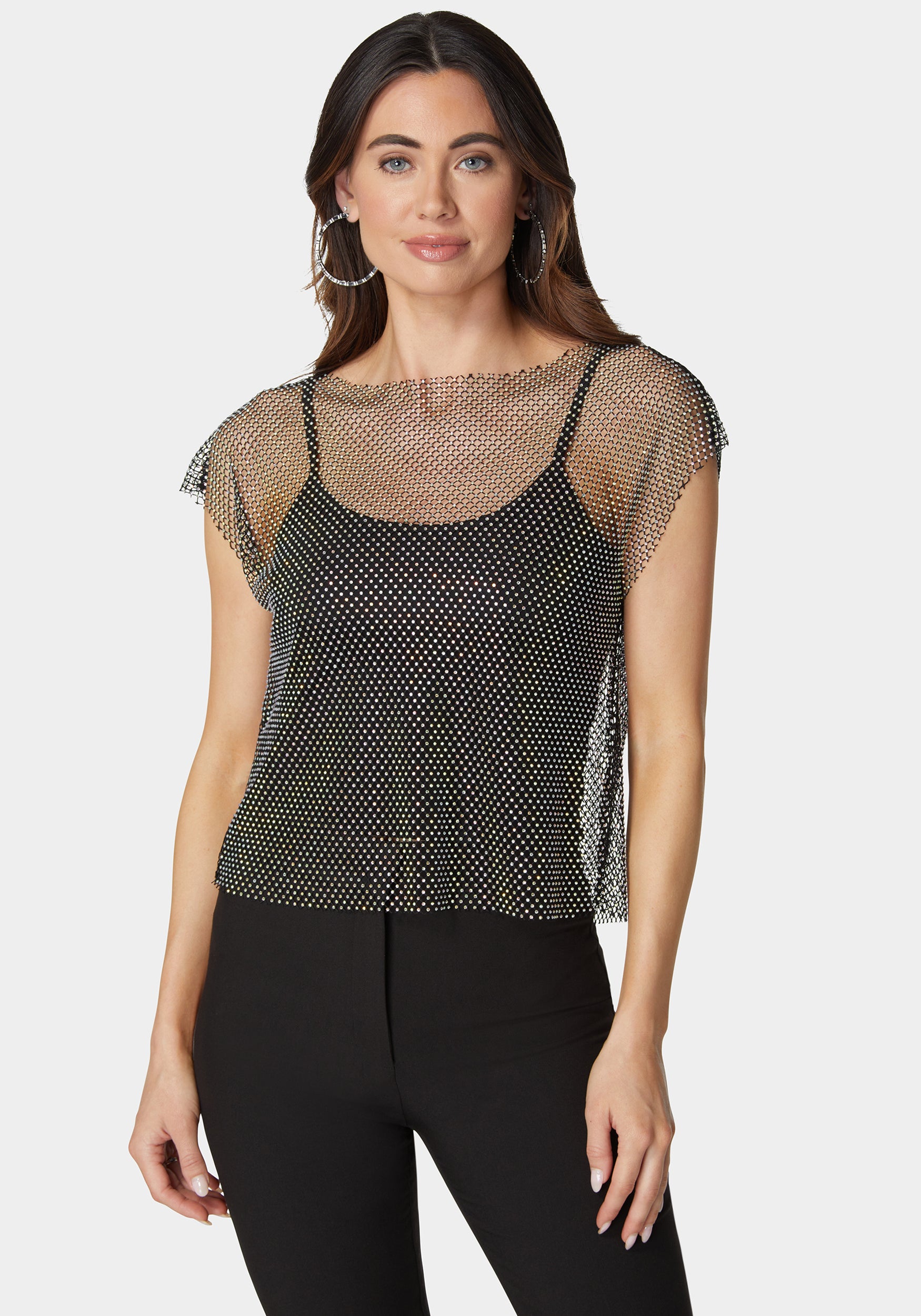 Rhinestone Fishnet Top With Knit Tank