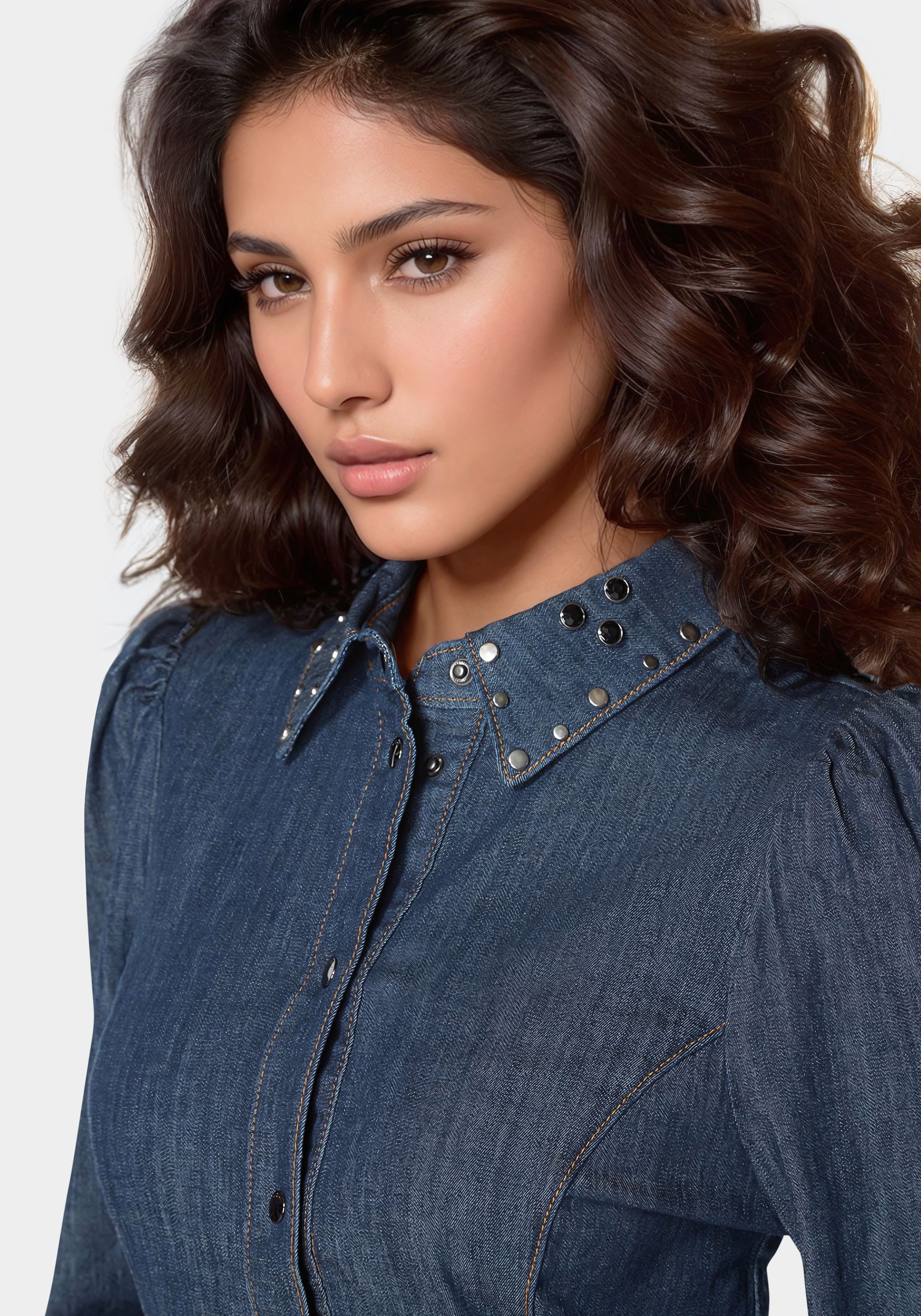 Button Front Studded Collar Denim Shirt