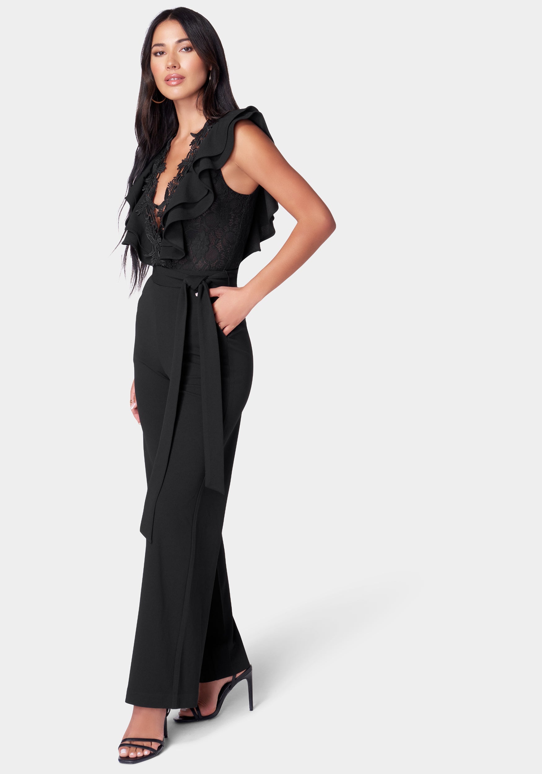 Lace Trim Knit Crepe Palazzo Jumpsuit