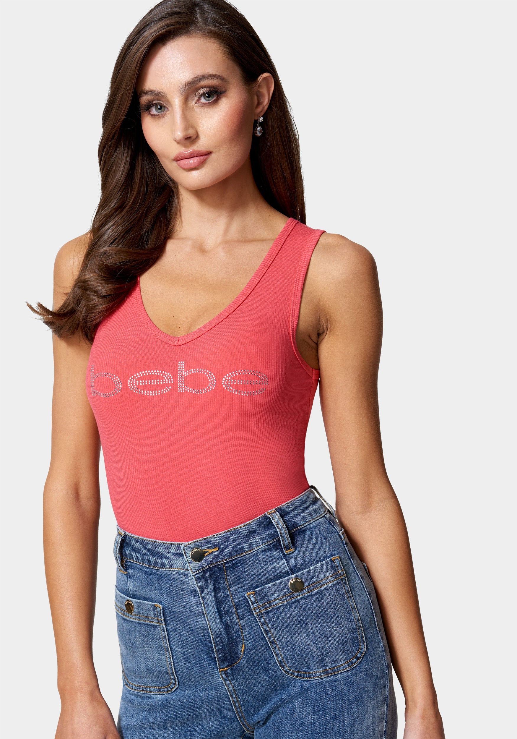 Bebe Logo V-Neck Rib Tank Top