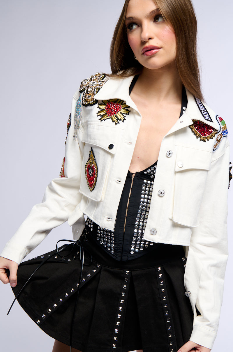 COUNT YOUR BLESSINGS CROP DENIM JACKET WITH PATCHES