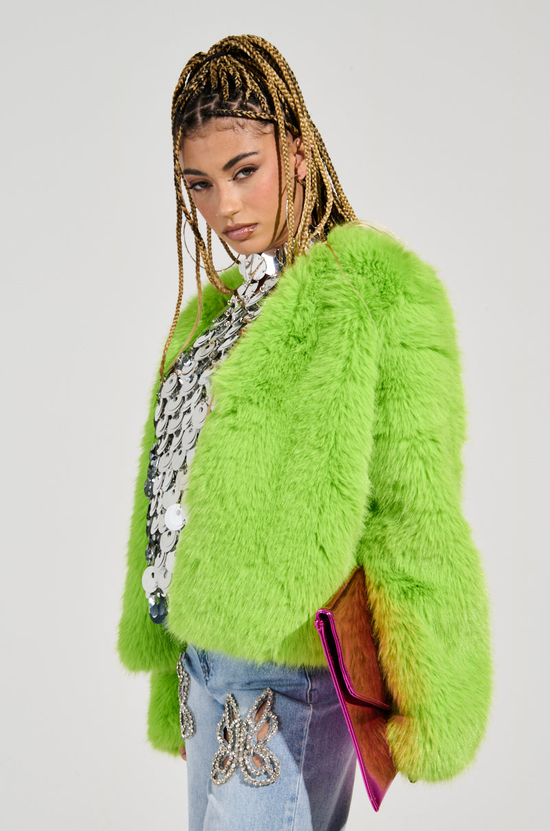 SLIME TIME FAUX FUR COAT IN LIME