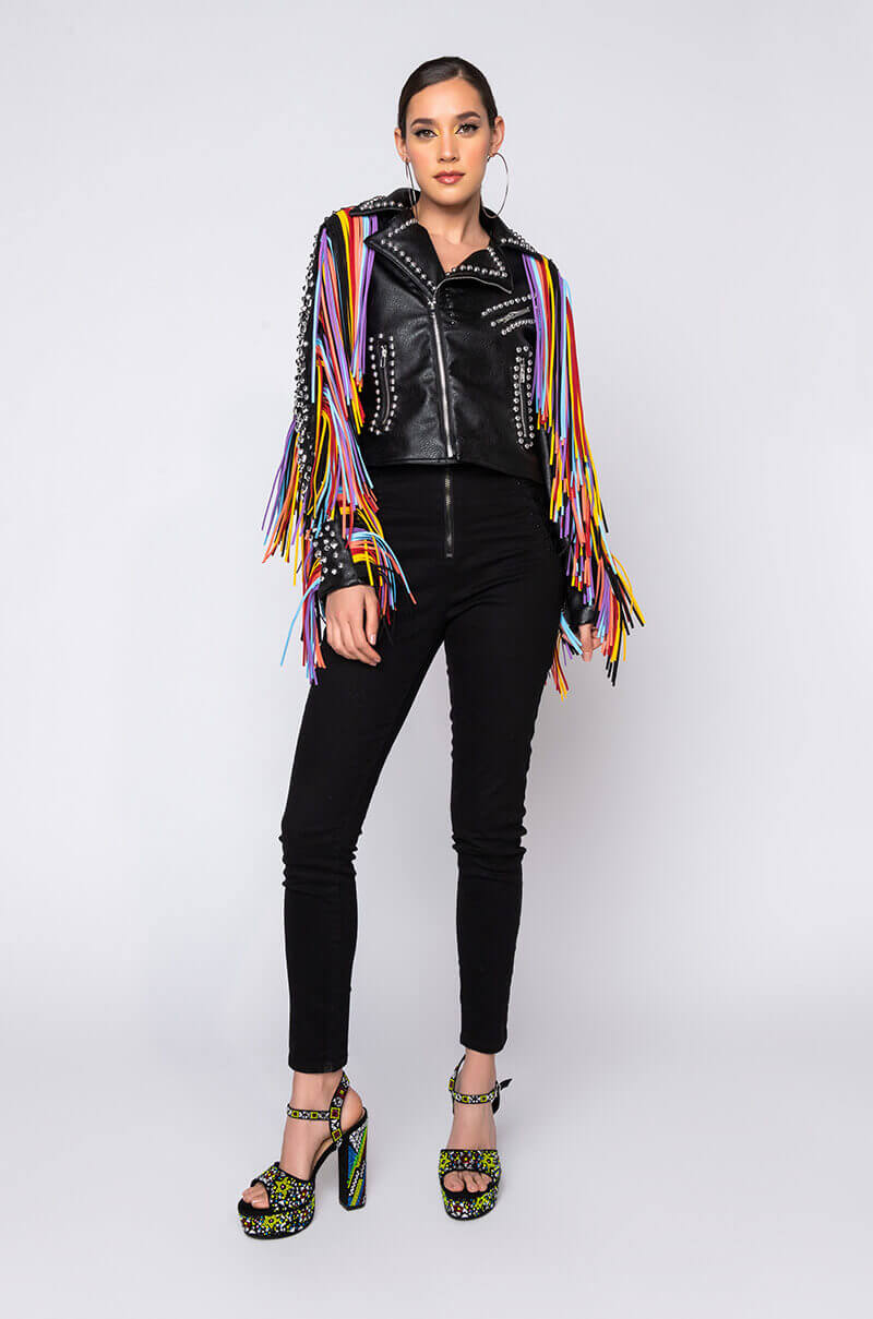 AZALEA WANG FREE RIDER FRINGE MOTO JACKET BLACK MULTI