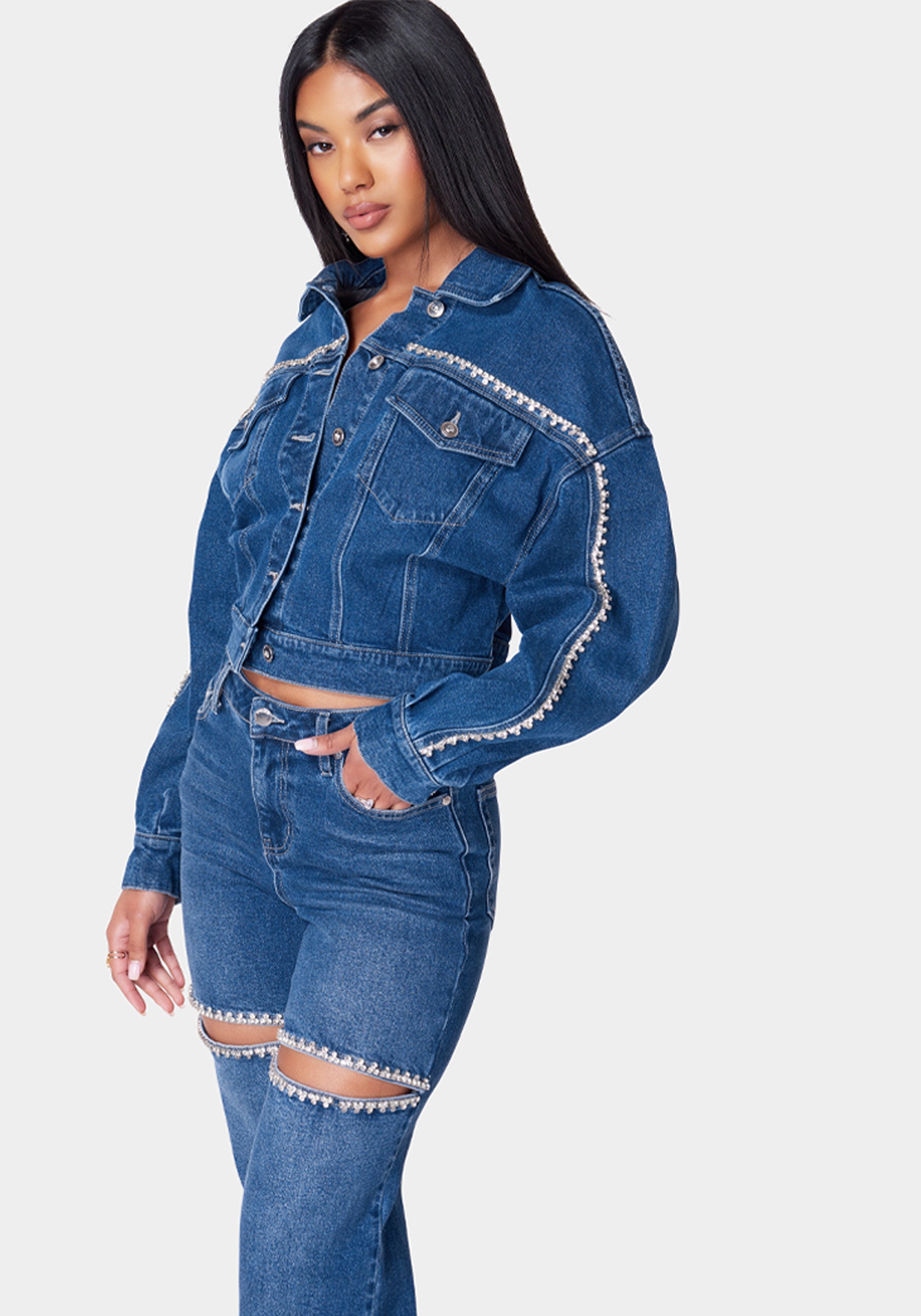 Rhinestone Detail Button Front Denim Jacket