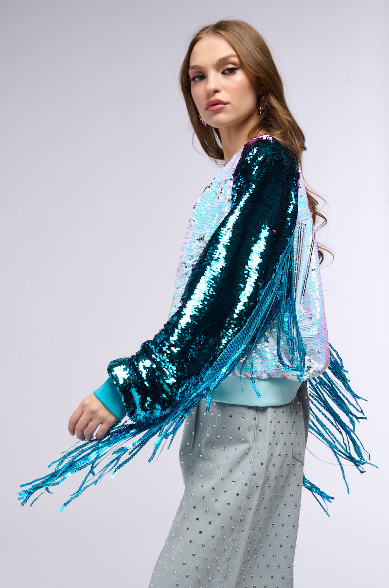 SHAKE IT SEQUIN BOMBER WITH FRINGE