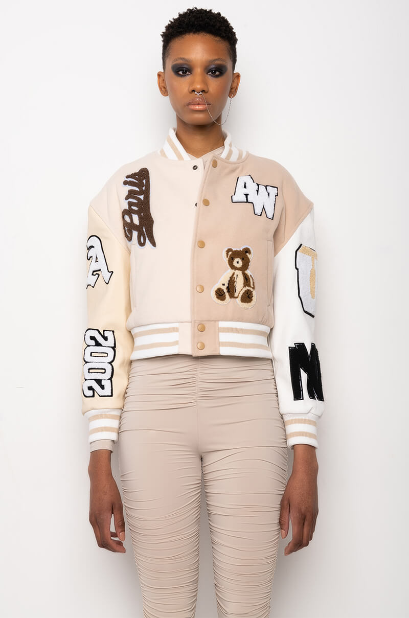 AZALEA WANG BEIGE RUELA VARSITY JACKET