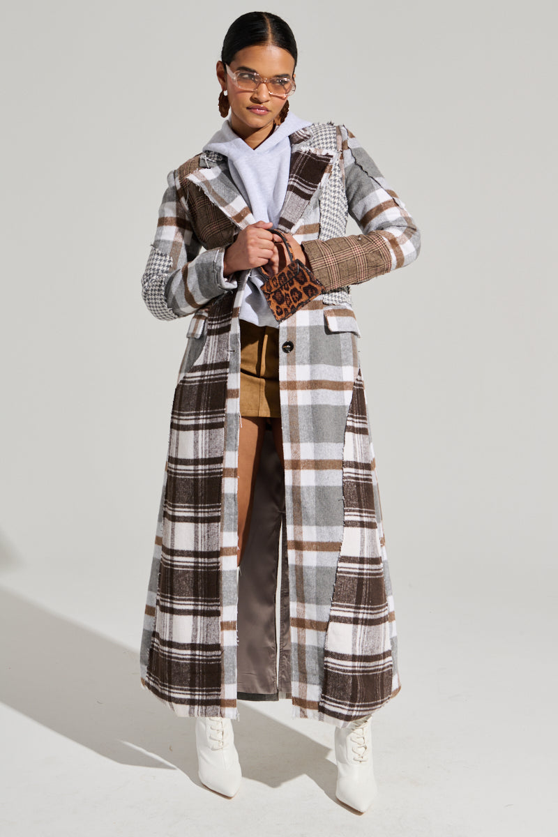 MIXED PLAID NOT FEELINGS PATCHWORK TRENCH