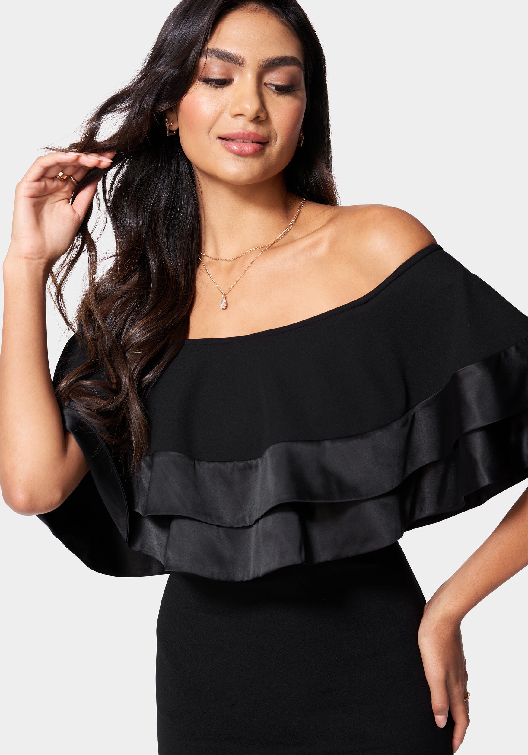 Satin Tip Off Shoulder Midi Dress