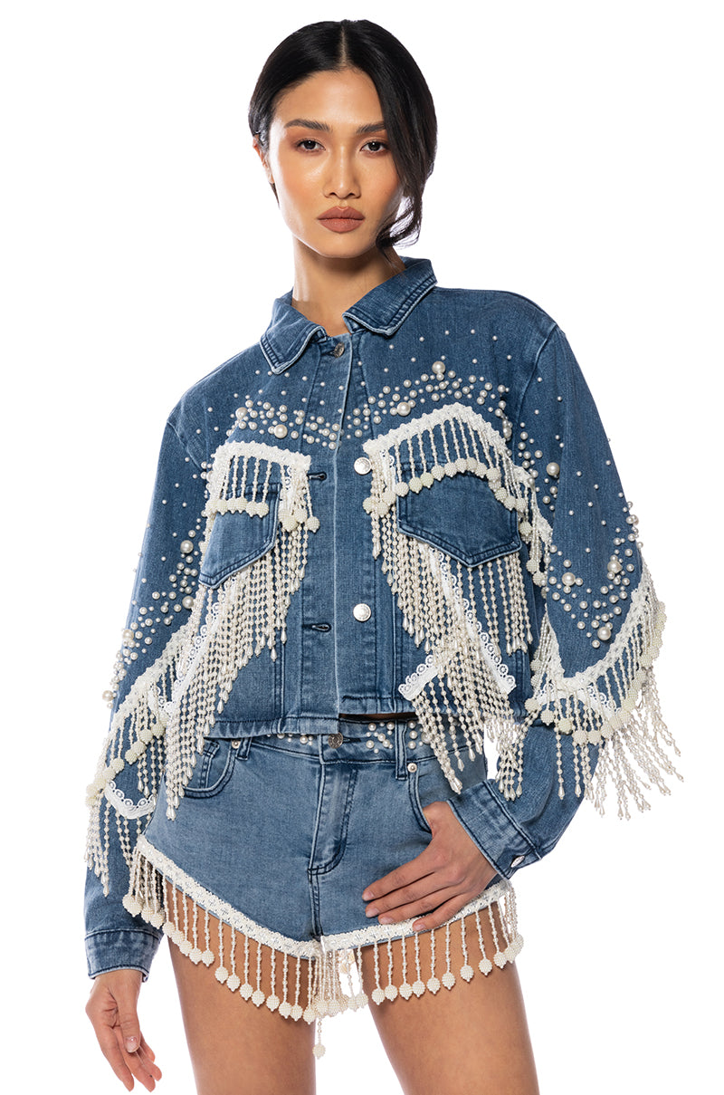 THE WORLD IS YOUR OYSTER PEARL TRIM DENIM JACKET